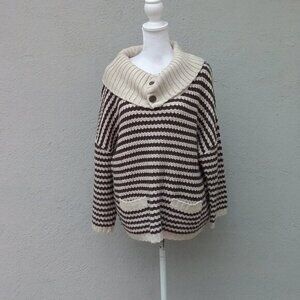 Nordstrom Caslon Sweater Women's Large Brown Cream Stripe Preppy Pockets Cowl